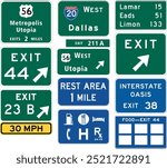 Highway Interchange Sign Collection with Pull-Through, Exit Number, Mileage, and Specific Service Signs for Food and Rest Areas. Road signs in the United States.