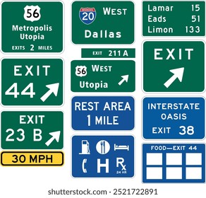 Highway Interchange Sign Collection com Pull-Through, Número de Saída, Quilometragem e Sinais de Serviço Específicos para Áreas de Alimentação e Repouso. Sinalização rodoviária nos Estados Unidos.