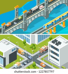Highway intersection traffic. Urban landscape isometric with various vehicle cars buses busy city vector 3d illustration
