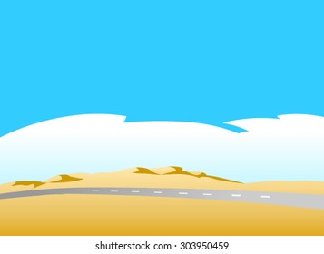 Highway into desert.Vector illustration of a road in the deserted  landscape, with dunes, a blue sky and clouds in the background.Empty space leaves room for design elements or text.Poster.Background.