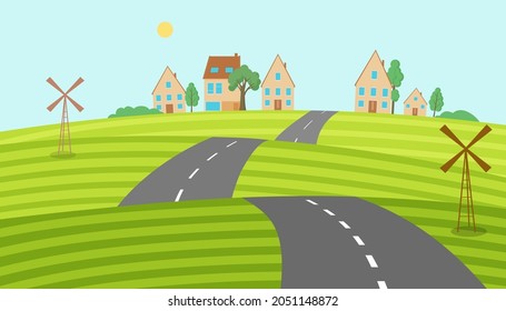 Highway is laid through hilly fields to village. Winding circular roads next to houses green summer landscape with trees and vector grass.