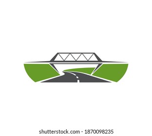 Highway level junction, road bridge icon. Speed freeway, asphalt driveway and motorway crossed by beam bridge vector. Transportation infrastructure element, road trip navigation emblem design element