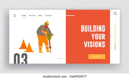 Highway Maintenance Website Landing Page. Builder with Jackhammer Breaking Asphalt at Road Construction Site with Warning Cones Remove Old Pavement Web Page Banner. Cartoon Flat Vector Illustration