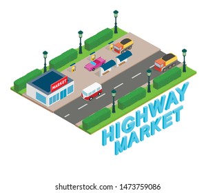 Highway market concept banner. Isometric banner of highway market vector concept for web, giftcard and postcard