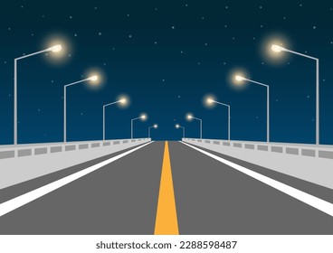 Autopista o autovía. Calle asfaltada vacía con una lámpara de calle en la ciudad por la noche. Ilustración vectorial. 