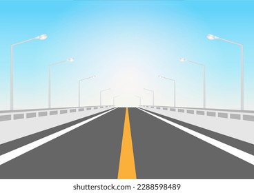 Highway or Motorway. Empty Asphalt Road with Street Lamp Post to the City at Night. Vector Illustration. 