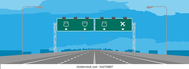 Highway or motorway and green signage in daytime illustration on blue sky background