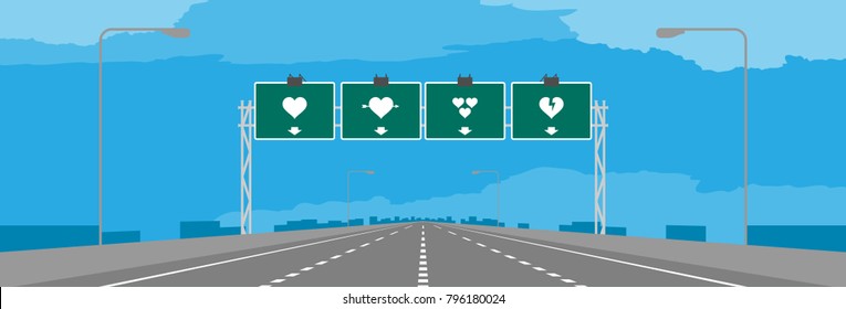 Highway or motorway and green signage with heart symbol valentine concept design in daytime illustrations on blue sky background, with copy space