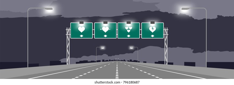 Highway or motorway and green signage with heart symbol valentine concept design at nighttime illustrations on dark sky background, with copy space