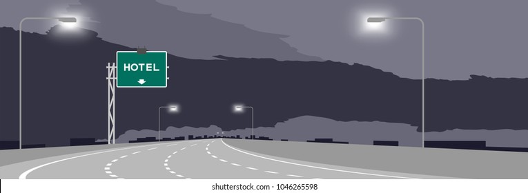 Highway Or Motorway And Green Signage With Hotel Sign At Nighttime Illustration Isolated On Dark Sky Background