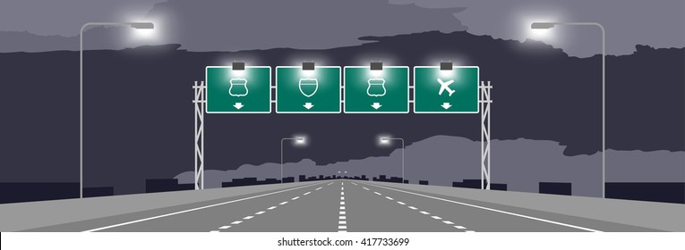 Highway or motorway and green signage at nighttime illustration on dark sky background