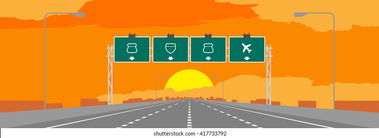 Highway or motorway and green signage in surise, sunset time illustration on orange sky background