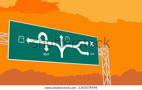 Highway or motorway green signage\
in surise, sunset time illustration on orange sky\
background