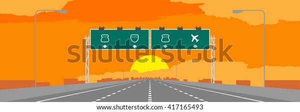 Highway or motorway and green\
signage in surise, sunset time illustration on orange sky\
background