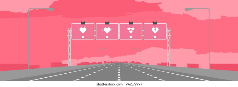 Highway or motorway and pink signage with heart symbol valentine concept design in daytime illustrations on pink sky background, with copy space