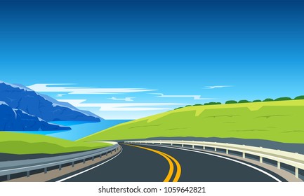 Carretera con montañas y mar azul. Cartel de viaje por carretera. Ilustración vectorial