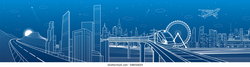 Highway in the mountains, city and transport mega panorama, train on the bridge, skyline, white lines landscape, night town, airplane fly, vector design art