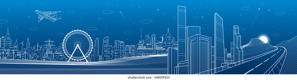 Highway in the mountains, city and transport mega panorama, business center, skyline, white lines landscape, night town, airplane fly, vector design art