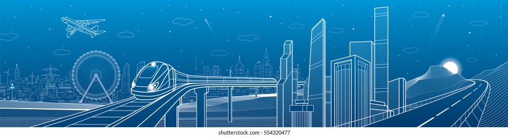 Highway in the mountains, city and transport mega panorama, train on the bridge, skyline, white lines landscape, night town, airplane fly, vector design art