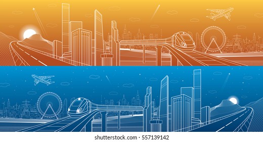 Highway in the mountains, city and transport mega panorama, train on the bridge, skyline, white lines landscape, day and night town, airplane fly, vector design art