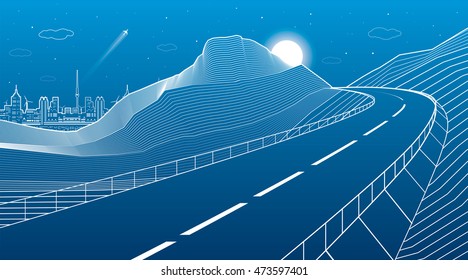 Highway in the mountains, night scene, neon city on background, white lines landscape, vector design art