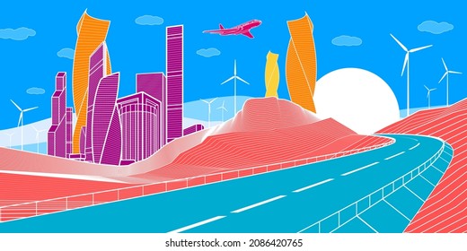 Highway in mountains. Tower and skyscrapers, modern city, business buildings. Colorful landscape. White lines on color background. Windmills power. Vector design art