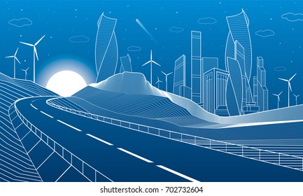 Highway in mountains. Tower and skyscrapers, modern city, business buildings. Night scene. White lines on blue background. Windmills power. Vector design art