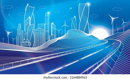 Carretera en las montañas. Torre y rascacielos, ciudad de resplandor neón, edificios modernos de negocios. Escena nocturna. Líneas blancas de fondo azul. Energía de molinos de viento. Arte de diseño de vectores