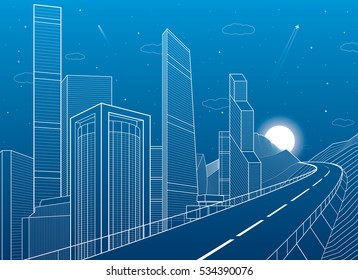 Highway in mountains. Tower and skyscrapers, neon city and business buildings, night scene, white lines on blue background, vector design art