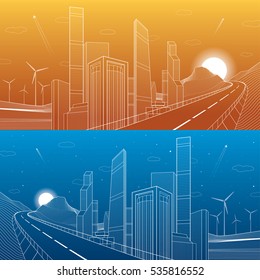 Highway in mountains. Tower and skyscrapers, neon city and business buildings, white lines on blue and orange background, day and night scene, windmills power, vector design art