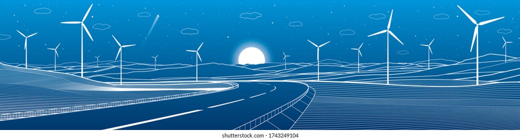 Highway in mountains. Windmills power. Sunset behind the rocks. Night scene. White lines on blue background. Vector design art