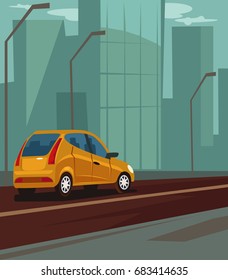 Highway with moving car. Vector flat cartoon illustration