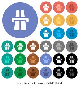 Highway multi colored flat icons on round backgrounds. Included white, light and dark icon variations for hover and active status effects, and bonus shades on black backgounds.
