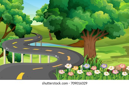 Highway to nature with flowers in Spring