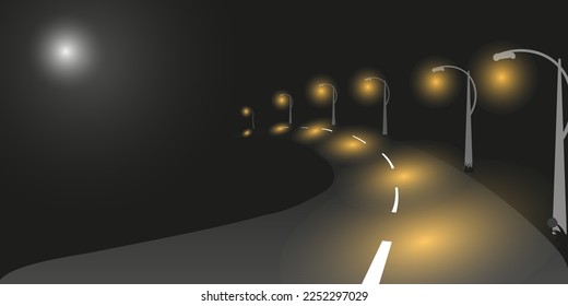 highway at night in the fog, lantern lighting goes off into the distance at night in the fog