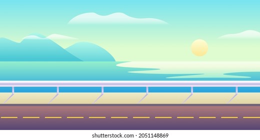 Highway on seaside. Asphalt road with markings along ocean coast colorful blue waves and rising vector sun with clouds.