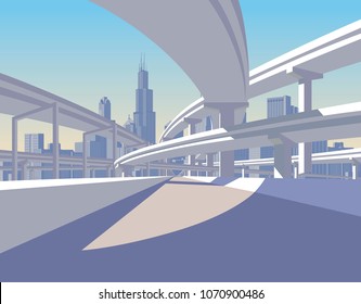 Highway overpass and city skyline in sun light. Modern urban life conceptual vector illustration