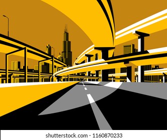 Highway overpass road bridges and city skyline in flat style. Modern urban life conceptual vector illustration