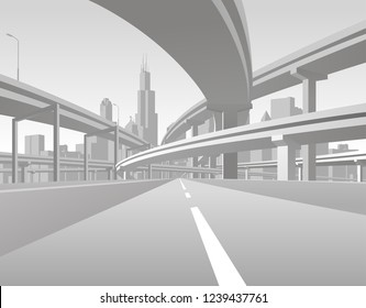 Highway overpass road bridges and city skyline in gray flat style. Modern urban life conceptual vector illustration