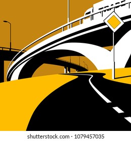 Highway overpass and road in flat style. Modern urban life conceptual vector illustration.