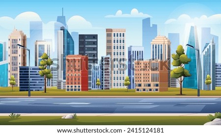 Highway with park and high modern buildings. Urban city landscape background vector illustration