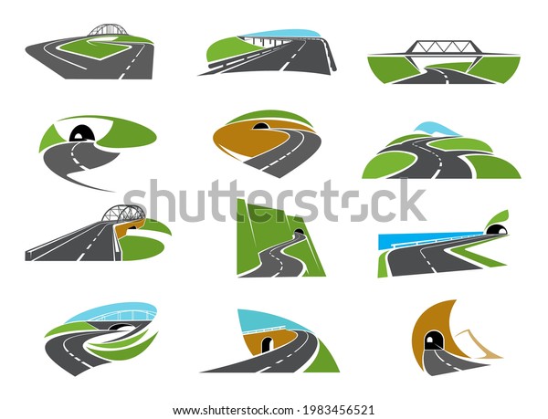 Highway, pathway road icons with bridge,\
crossroads and tunnel. Asphalt motorway, vector winding in mountain\
freeway with road intersection and turns. Transportation industry,\
travel or race\
symbols