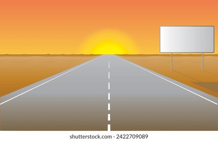 Highway in perspective towards the horizon in a desert, with an advertising sign with space for text