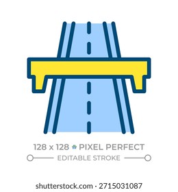 Highway pixel perfect line color icon. Modern expressway for vehicles. Road infrastructure development. Motorway sign. Isolated vector illustration. Flat colorful symbol design. Editable stroke