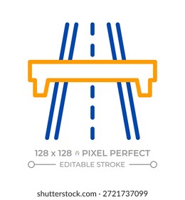Ícone de linha de duas cores perfeito para pixel de estrada. Via rápida moderna para veículos. Infraestruturas rodoviárias. Símbolo de contorno bicolor do sinal da autoestrada. Pictograma linear duotônico. Ilustração isolada. Traçado editável