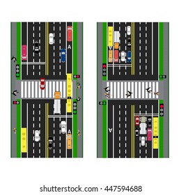 Highway Planning. roads, streets and traffic lights with the transition. Image sidewalks, transition lanes for public transport. View from above. Vector illustration