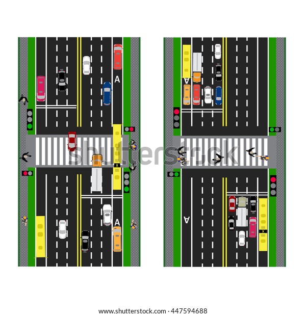 Highway Planning. roads,\
streets and traffic lights with the transition. Image sidewalks,\
transition lanes for public transport. View from above. Vector\
illustration