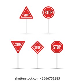 Highway red stop sign with a pole on a white background. Red color stop icon with for traffic billboard. Stop traffic sign with a silver color pole. Danger, Caution, Attention billboard plate vector.