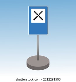 Highway Restaurant Road Sign. Vector Illustration Of Blue Square Traffic Sign With Crossed Fork And Knife Icon Inside