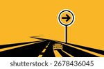 Highway road with a car and a right turn sign. The road is depicted in a stylized manner, with a focus on the direction of travel.